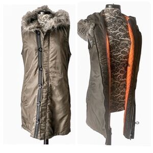 Anoarak Long Line Hooded Vest Removable Fur Trim Olive Green Large